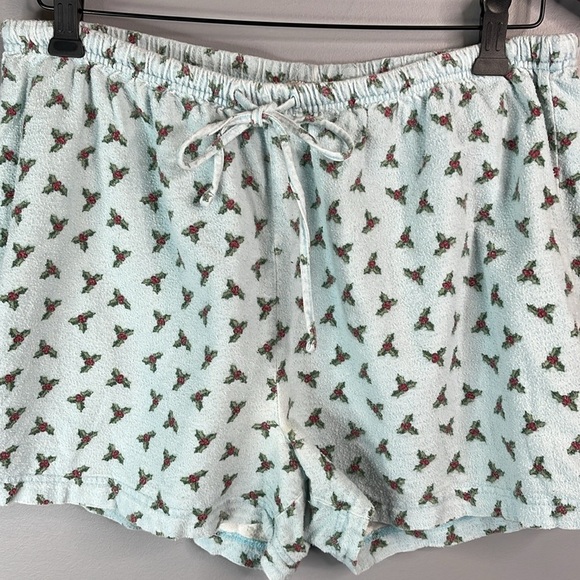 VINTAGE Holly Christmas Pajama Shorts Blue Flannel Drawstring Elastic Girls L 14 - Picture 4 of 8